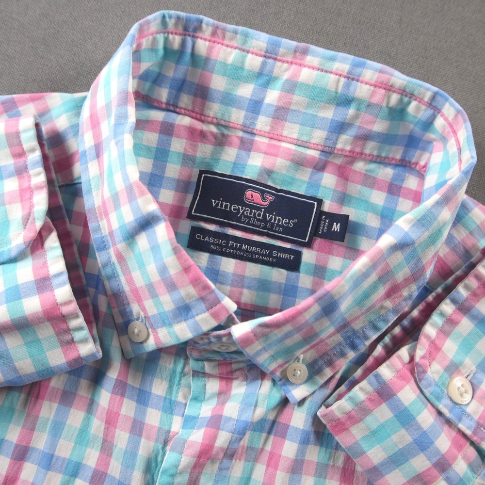 Vineyard Vines Classic Fit Murray Gingham Stretch Men Shirt M Pink Work Bissness